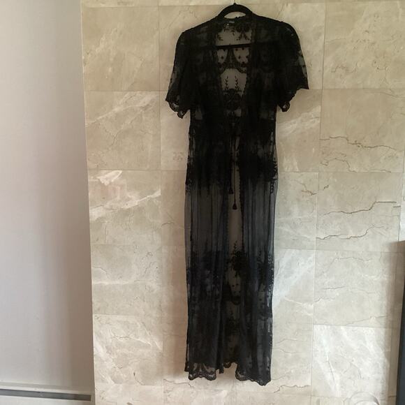 Aqua Maxi Duster Kimono Topper Small Black Lace Sheer Stevie Boho 90s Whimsigoth - Picture 10 of 10